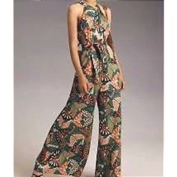 FARM Rio Pants - FARM Rio Jumpsuit Green Tropical Butterfly Halter Wide Leg Anthropologie L